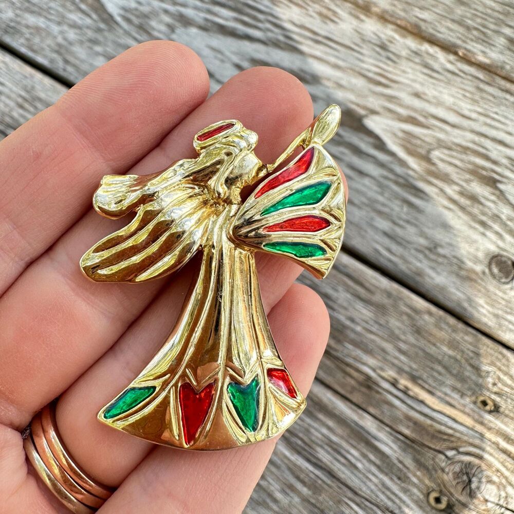 Vintage Jewelry Christmas Angel Brooch Gold Tone Red and Green Angel Pin Jewelry